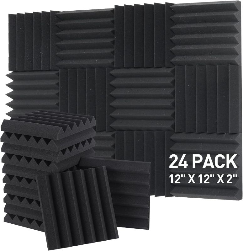 Photo 1 of Acoustic Foam Panels - 12 x 12 x 2 Inches Wedges Sound Proof Foam Panels 24 Pack High Density Foam Acoustic Treatment Fire Resistant Studio Foam (Black)
