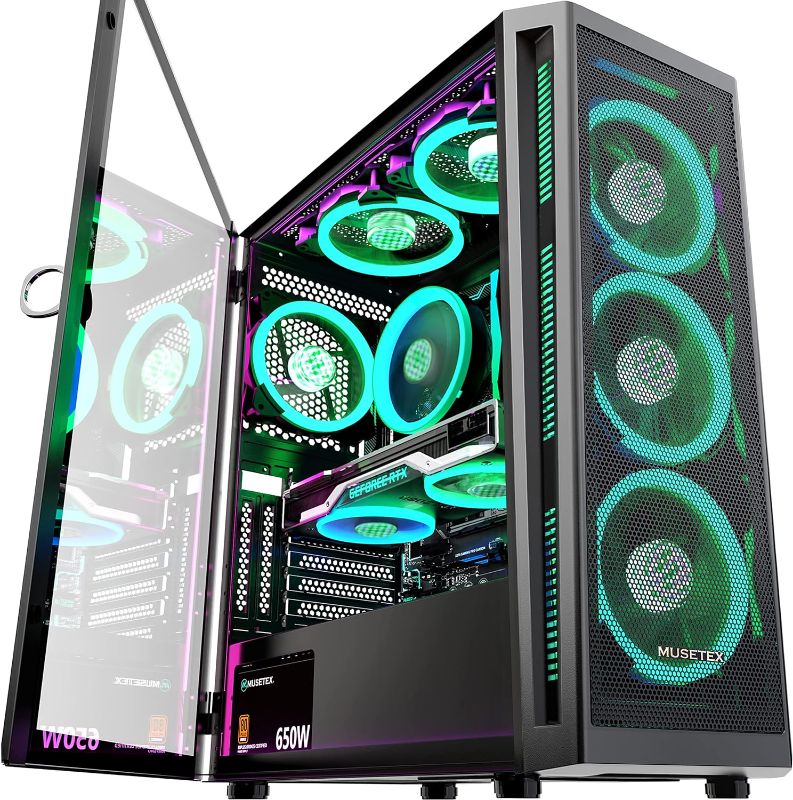 Photo 1 of MUSETEX ATX PC Case Pre-Install 6 PWM ARGB Fans, Mid Tower Gaming Case with Opening Tempered Glass Side Panel Door, Mesh Computer Case, TW8 **case only*
