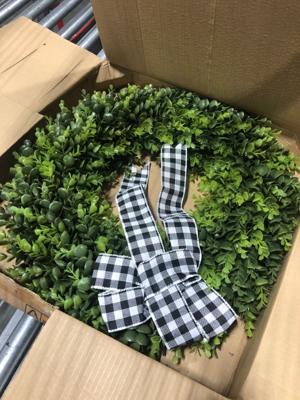 Photo 3 of 23" Faux Round Boxwood Wreath, Vlorart Artificial Boxwood Wreath Front Door Wreaths Artificial Spring Summer Greenery Hanging with A Plaid Bow for Front Door Wall Hanging Window Wedding Party Decor 23inch