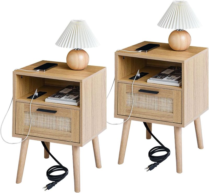 Photo 1 of **MISSING HARDWARE//SOLD AS PARTS** Labcosi Rattan Nightstand, Set of 2, Wooden Bedside Tables with Charging Station, Mid Century Modern End Table for Living Room and Bedroom, Natural Wood Side Table with Storage Drawer Mid-Century Modern 23.5" Tall (2-pa