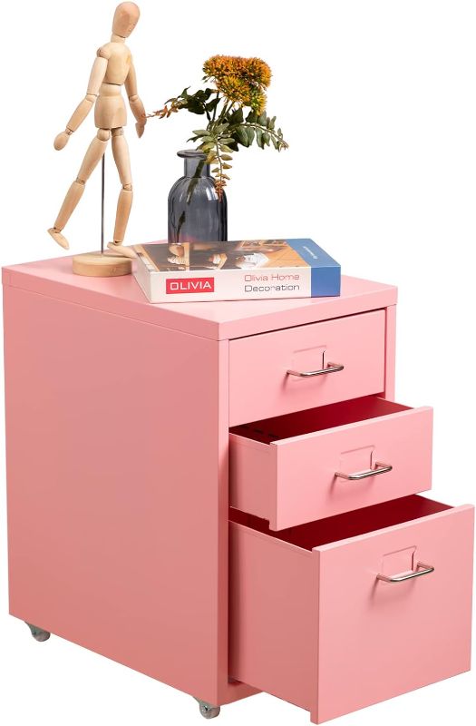 Photo 1 of HollyHOME 3 Drawer Mobile Storage Cabinet, Metal Storage Dresser Cabinet with Castor Wheels, Small Organization Chest for Home Office, Easy Assembly Without Screws, Pink
