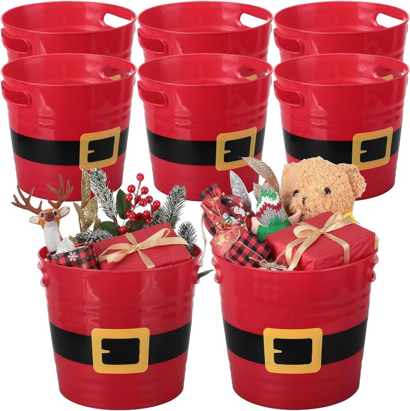 Photo 1 of 8 Pack Empty Christmas Plastic Buckets with Handles Red Santa Belt Round Basket Multi Purpose Container Christmas Decorations Candy Bars Vase Toy Baskets for Christmas Winter
