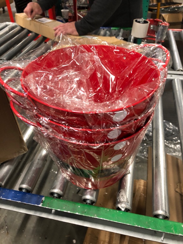 Photo 3 of 8 Pack Empty Christmas Plastic Buckets with Handles Red Santa Belt Round Basket Multi Purpose Container Christmas Decorations Candy Bars Vase Toy Baskets for Christmas Winter
