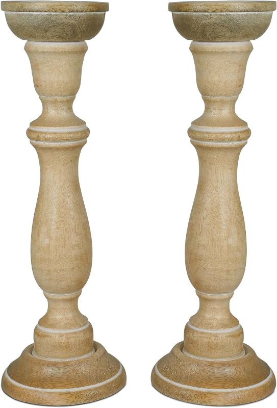 Photo 1 of “Tuli” Candle Holders for Pillar Candles (Whitewash, Set of 2) - Mangowood Candle Stand - Farmhouse Wooden Candle Holders Pillar - Candle Holder Decor for Fireplace or Table**not exact picture**
