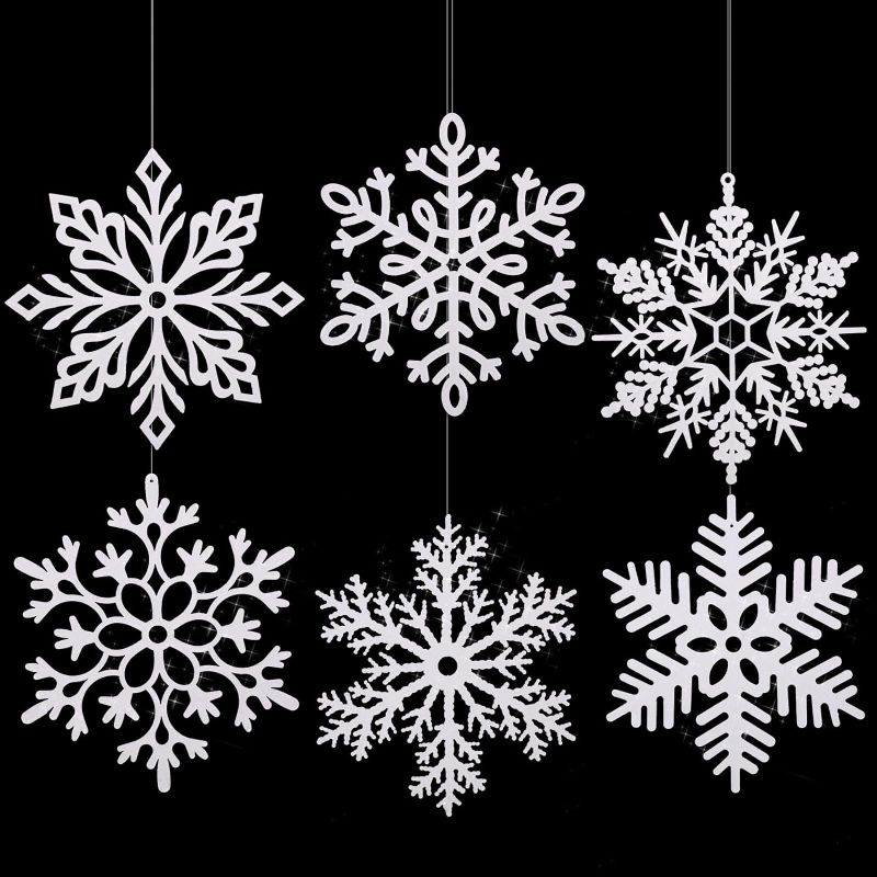 Photo 1 of Sratte 16 Inch Large Snowflake Ornaments Giant Glitter Decorative Hanging Snowflakes 6 Designs Christmas Decorative Hanging Ornaments Winter Window Decor Snowflakes with Nylon Thread (White, 12)
