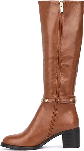 Photo 1 of TORGEIS Women's Casual Fashion Mid Calf Knee High Faux Leather Boots w Side Zipper | Studded Buckled Straps | Elastic Gussets, Round Plain Toe, Chunky Block Platform Heels, Anti-Slip Rubber Outsole
**not exact picture**
