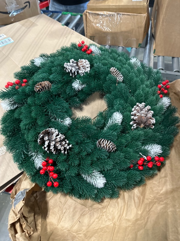 Photo 3 of 24 Inch Christmas Wreath for Front Door, Pre-Lit Artificial Christmas Wreath with 60 LED Lights Battery Operated Christmas Decorations Red Berries Pine Cones Window Door Decorations Winter Ornaments **missing remote*