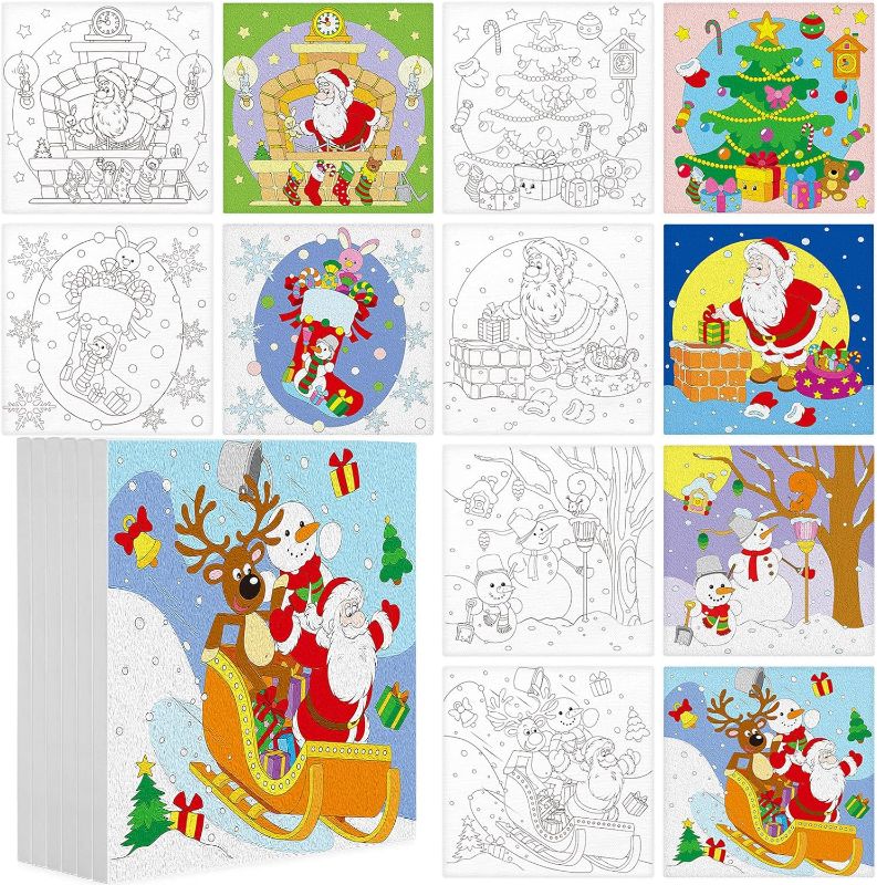 Photo 1 of 12 Pcs 6 x 6 Inch Christmas Pre Drawn Canvas for Painting Stretched Christmas Trees Santa Snowman Canvas Boards Painting Canvas with Pictures to Paint with Wood Easel for Christmas DIY Paint Supplies
**not exact picture**
