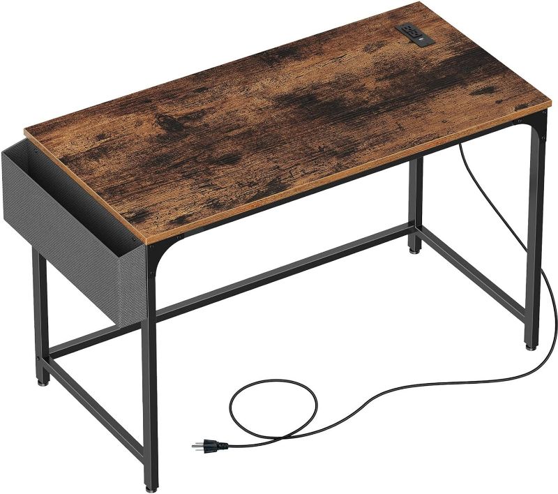 Photo 1 of Rolanstar Computer Desk with Power Outlet, Home Office PC Desk with USB Ports Charging Station, 47" Desktop Table with Side Storage Bag and Iron Hooks, Stable Metal Frame Workstation, Rustic Brown
