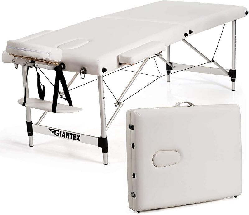 Photo 1 of **Similar Item**Similar Color* Portable Massage Table, Folding Lash Bed Aluminium Frame, Height Adjustable, 2 Fold Professional Facial Salon Tattoo Massage Bed Face Cradle Armrests Headrest Carrying Bag (White)