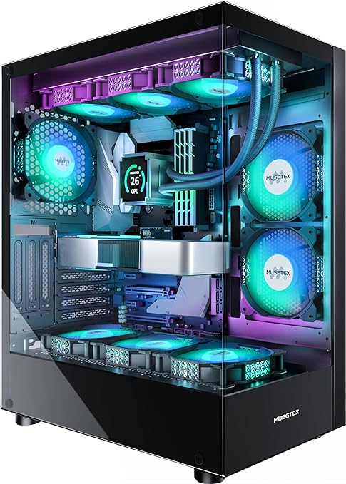 Photo 1 of **DIFERENT BUT SIMILAR** MUSETEX PC CASE ATX 6 PWM ARGB Fans Pre-Installed, Type-C Mid Tower Computer Case with Full View Dual Tempered Glass, Gaming PC Case,Black(K2)