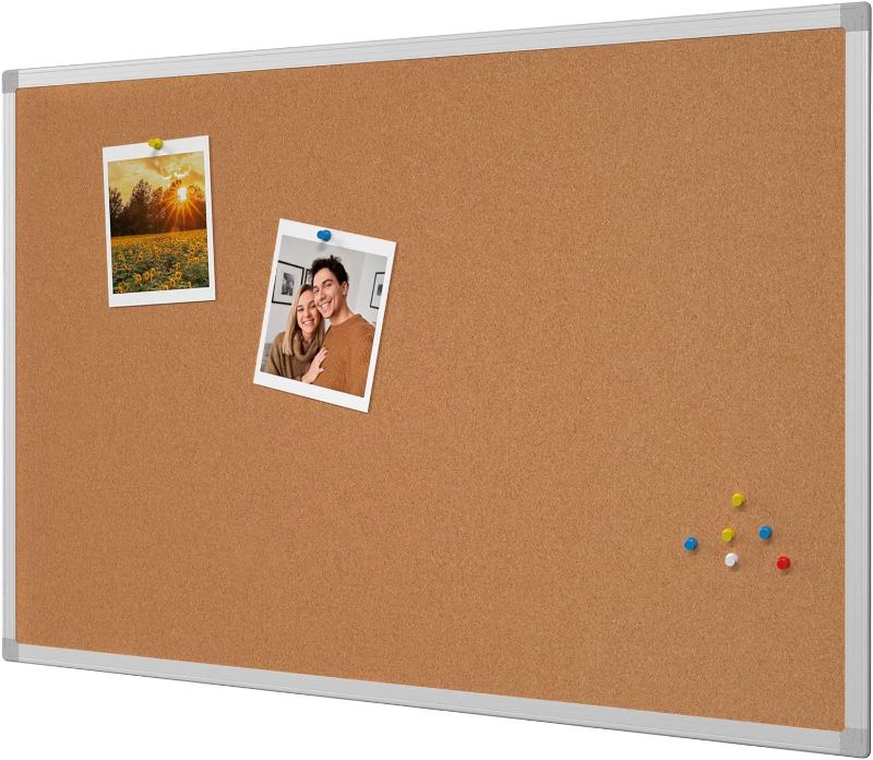 Photo 1 of AKTOP Cork Board Bulletin Board 48" X 36", Silver Aluminium Frame Corkboard for Wall, 4x3 Pin Display Boards with 15 Pins, Large Message Notice Board for Home, Office & School