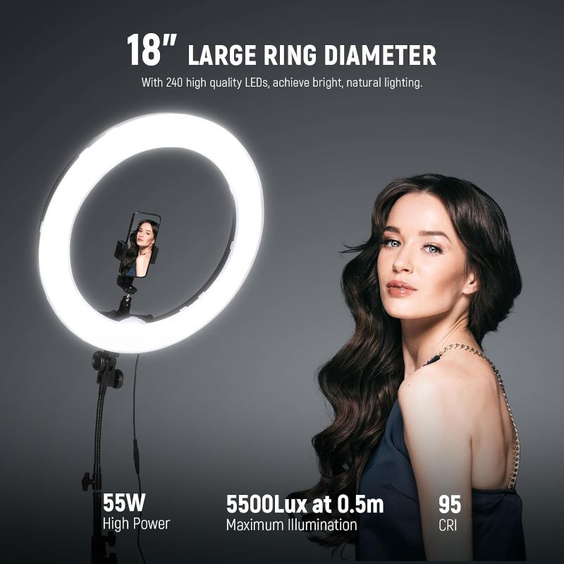Photo 1 of NEEWER Ring Light 18inch Kit: 55W 5600K Professional LED with Stand and Phone Holder, Soft Tube & Bag for Tattoo Lash Extension Barber Makeup Artist Studio Video Photography Lighting, RL-18