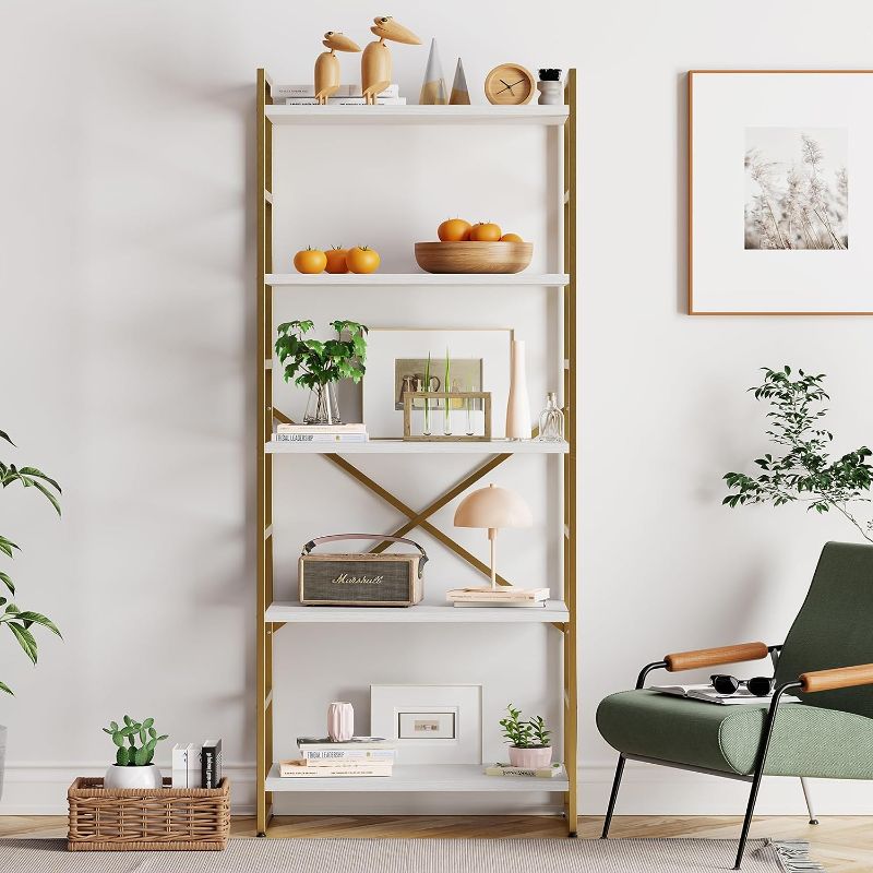 Photo 1 of 5 Tier Bookshelf, Free Standing Bookcase Organizer Farmhouse Kitchen Ladder Shelves Rustic Wood Open Shelves Metal Frame, Vintage Storage Display Rack for Living Room, Office(White+Gold)