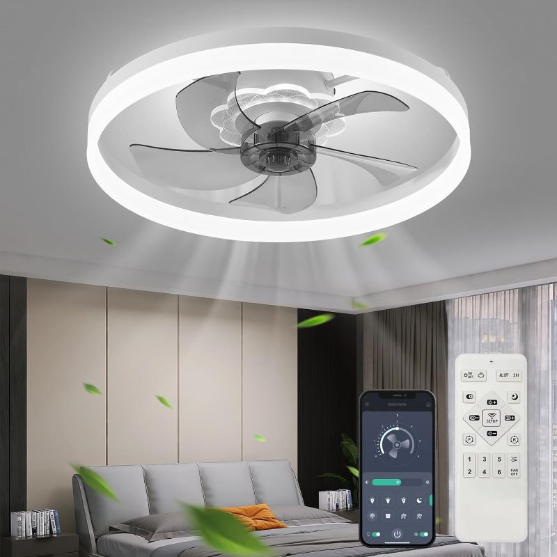 Photo 5 of *Similar Item**Similar Color* Modern Ceiling Fan with Dimmable LED Light, Low Profile, Flush Mount Ceiling Fan with Light, 6-Speeds, Quiet DC Motor, App & Remote Control, Perfect for Bedroom Living Room, White.