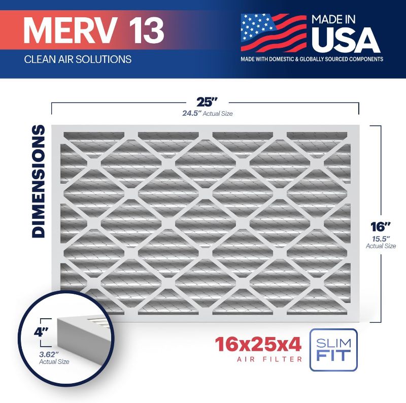 Photo 1 of BNX TruFilter 16x25x4 (15.5’’ x 24.5’’ x 3.63‘’ Slim Fit) MERV 13 Air Filter (2-Pack) - MADE IN USA - Air Conditioner HVAC AC Furnace Filters Health, Allergies, Mold, Bacteria, Smoke, MPR 1900 FPR 10
