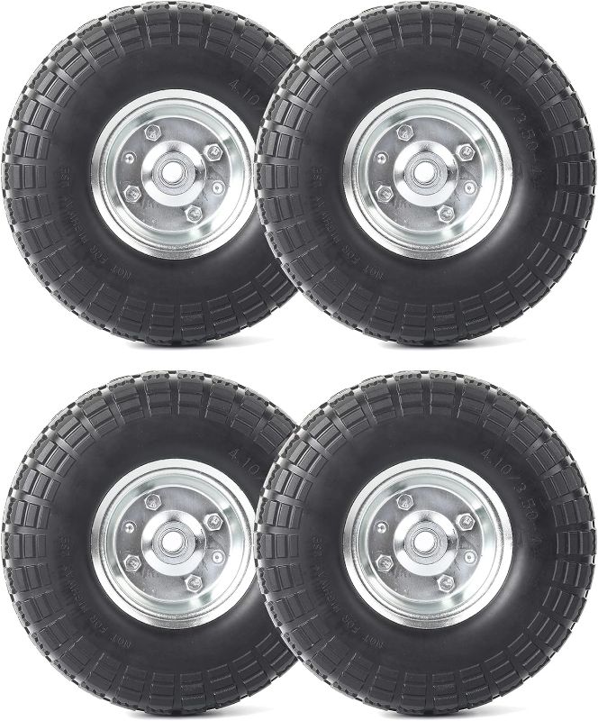 Photo 1 of AR-PRO 4.10/3.50-4" Flat Free Tire and Wheel (4-Pack) - 10 Inch Solid Rubber Tires with 5/8" Bearings, 2.2" Offset Hub - Compatible with Garden Wagon Carts,Hand Truck,Wheelbarrow,Dolly,Utility Cart