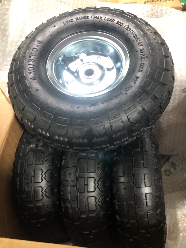 Photo 3 of AR-PRO 4.10/3.50-4" Flat Free Tire and Wheel (4-Pack) - 10 Inch Solid Rubber Tires with 5/8" Bearings, 2.2" Offset Hub - Compatible with Garden Wagon Carts,Hand Truck,Wheelbarrow,Dolly,Utility Cart