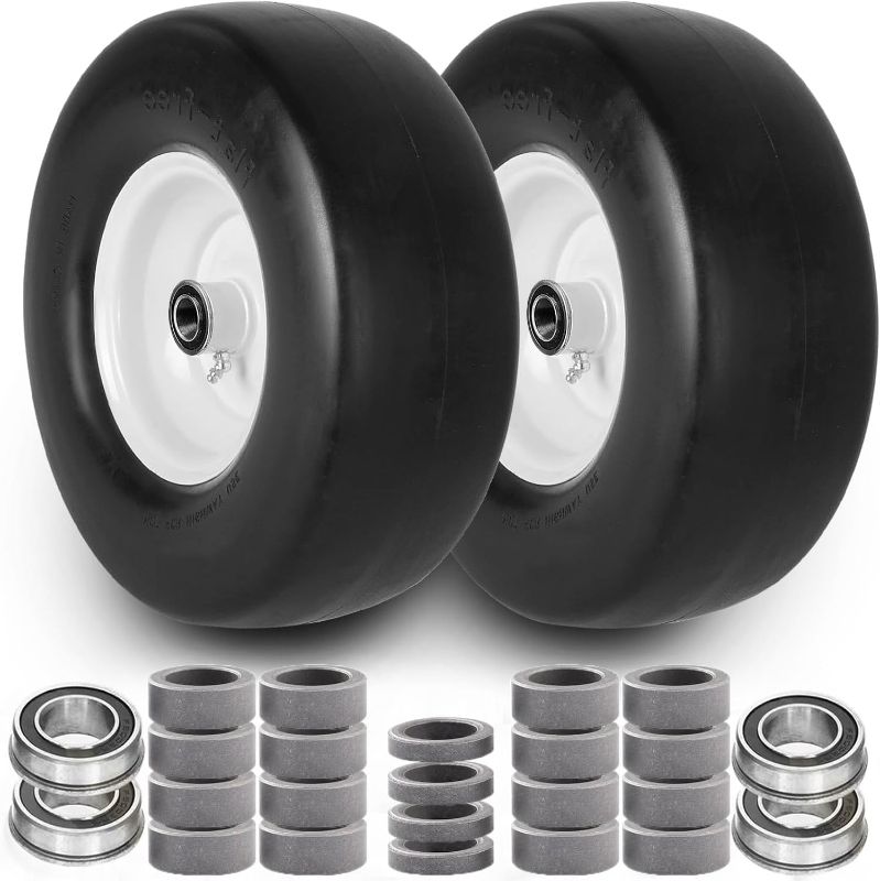 Photo 1 of 2pcs 13x5.00-6" Flat Free Lawn Mower tires Zero Turn Mower replacement Solid Tire and Wheel with 3/4" & 5/8"Precision bearings.3.25"-6.9" Centered Hub,for Riding Lawn Mower Assembly