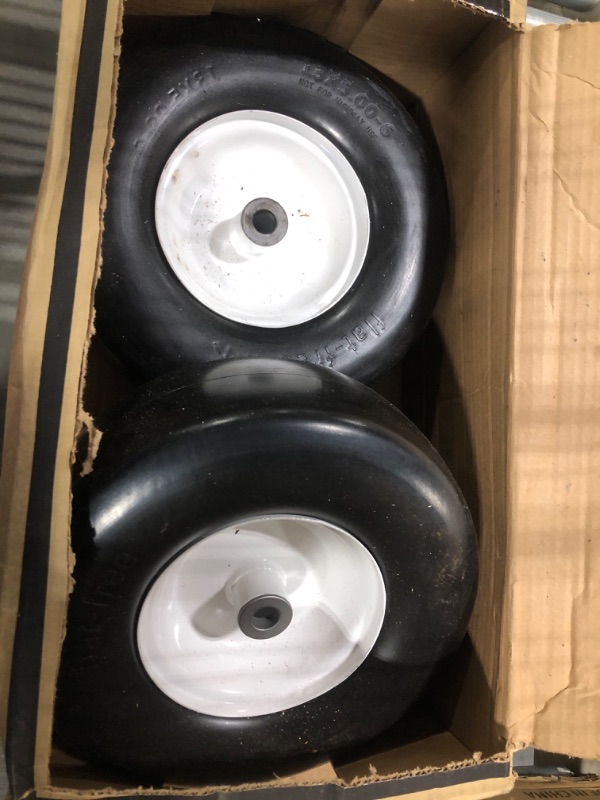 Photo 3 of 2pcs 13x5.00-6" Flat Free Lawn Mower tires Zero Turn Mower replacement Solid Tire and Wheel with 3/4" & 5/8"Precision bearings.3.25"-6.9" Centered Hub,for Riding Lawn Mower Assembly