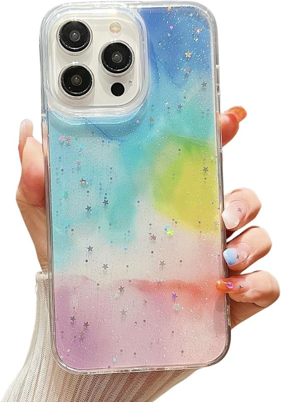 Photo 1 of Compatible with iPhone 15 Pro Glitter Clear Case, Cute Marble Print Watercolor Sparkle Bling Shiny Women Girls Cases Shockproof Drop Protective Cover for iPhone 15 Pro,Multicolor