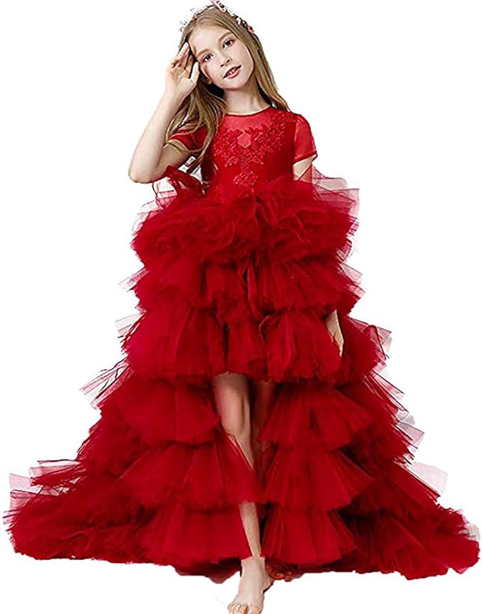 Photo 1 of Girls High Low Pageant Ball Gown Appliques Kids Puffy Tulle First Communion Dresses AR237