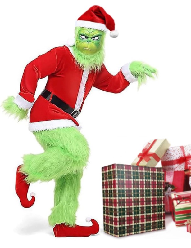 Photo 3 of S-M Size) Green Christmas Monster Costume, 7PCS Deluxe Furry Santa Suit for Cosplay Props Decorations…