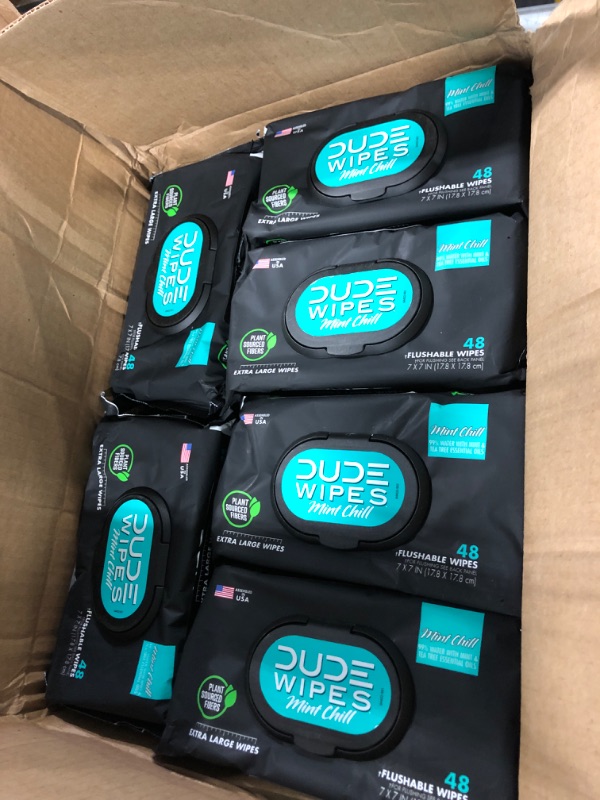 Photo 3 of DUDE Wipes - Flushable Wipes with DUDE Bombs Toilet Spray - 18 Pack, 864 Wipes + 1 Spray Bottle - Mint Chill Extra-Large Adult Wet Wipes with Eucalyptus & Tea Tree Oil - Forest Fresh Stank Eliminator Mint 48 Count (Pack of 18)