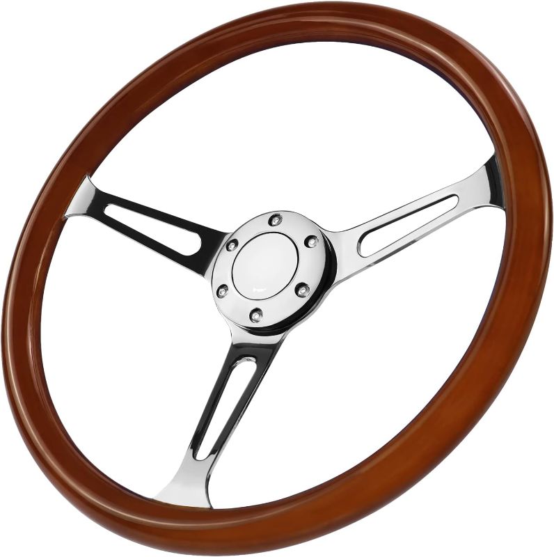 Photo 1 of MOTAFAR 15" 6 Bolts Wood Grain Racing Steering Wheel Classic Grant Nostalgia Style with Horn Button Vintage(Mirrored-silver)
