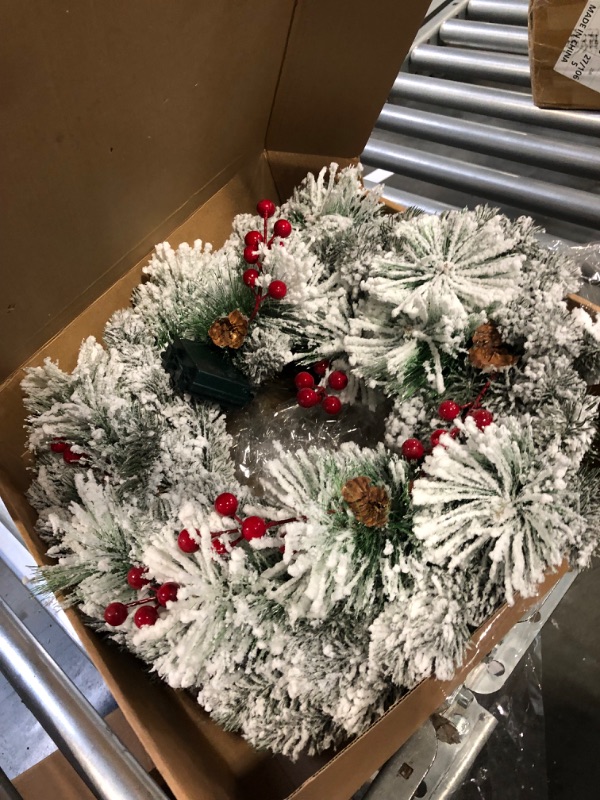 Photo 2 of 22 inch Lighted Pine-Cone red Berry Winter White Snow Flocked Christmas Wreath Battery Operated Cordless with 15 Warm led Lights pre-lit for Front Door Outside, Corona de Navidad para puerta 22"