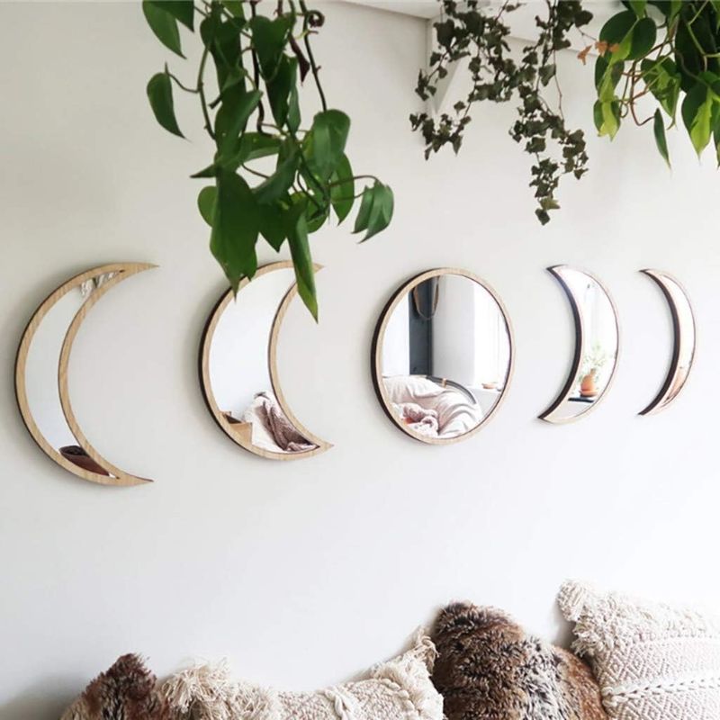 Photo 1 of 5 Pieces Scandinavian Natural Decor Acrylic Wall Decorative Mirror Interior Design Wooden Moon Phase Mirror Bohemian Wall Decoration for Home Living Room Bedroom Decor - Acrylic,(Beige)
