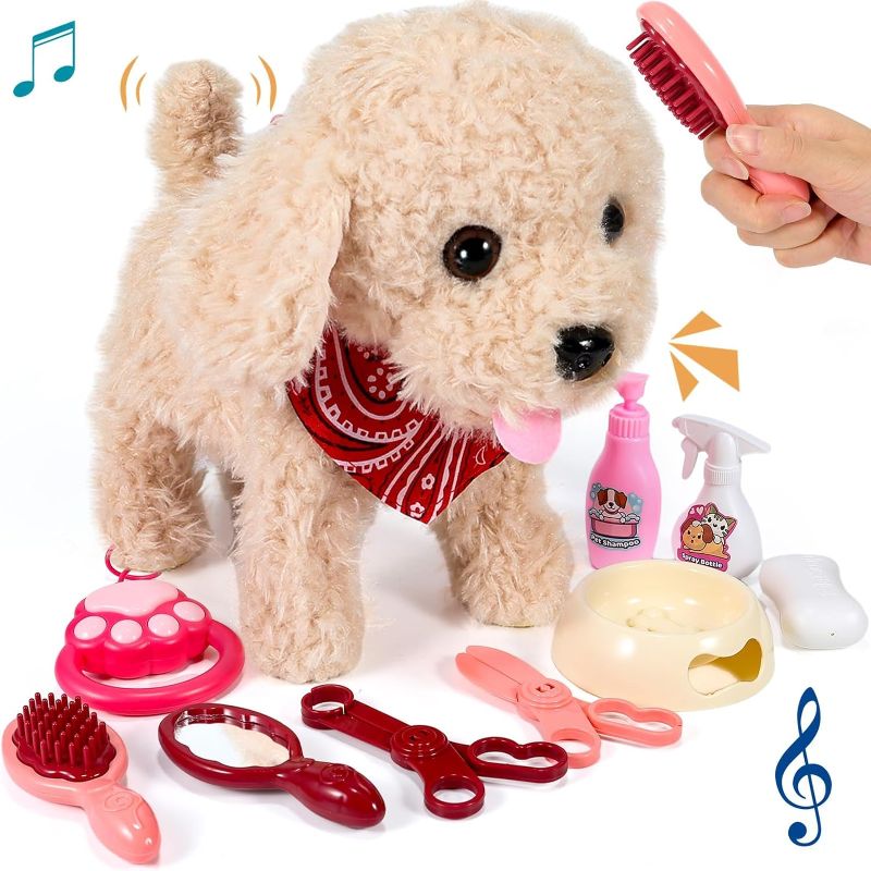 Photo 1 of  Plush Puppy Toy Dog, Realistic Wagging Tail Robot Dog, Grooming Set, Perfect Christmas Birthday Gift Toys for Girls and Boys, Kids Age 3, 4, 5, 6+ (Golden)