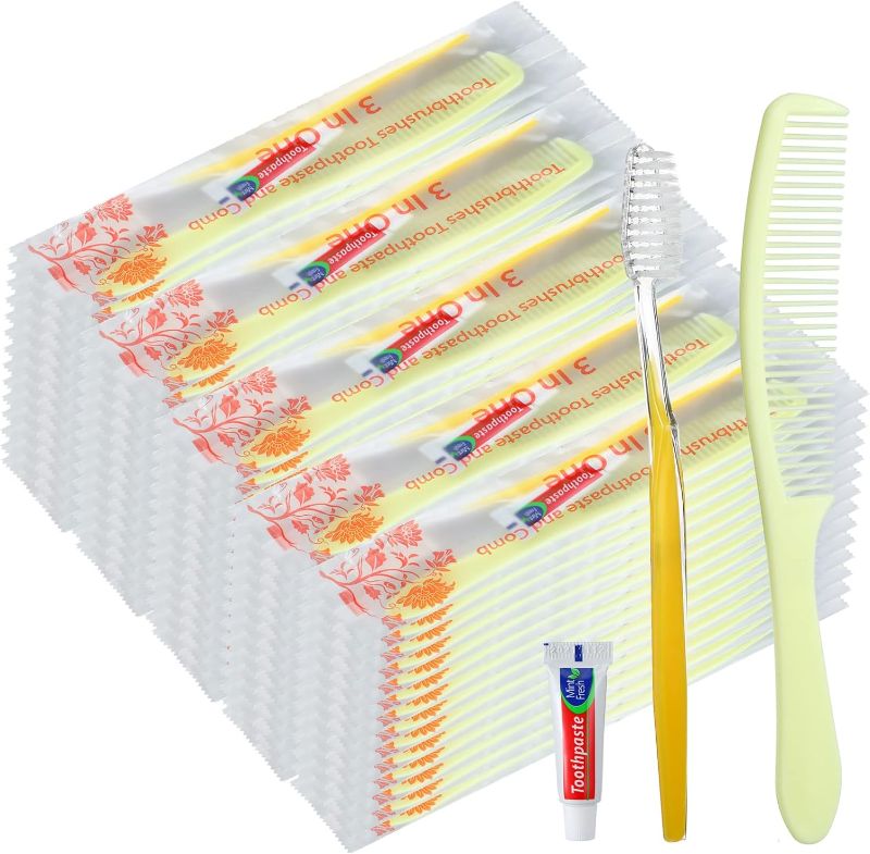 Photo 1 of 200 Set Disposable Toothbrushes with Toothpaste and Comb Individually Wrapped Bulk Disposable Travel Toothbrush Kit Soft Bristle Tooth Brush for Travel Hotel Home Charity Shelter Nursing (Bright)
