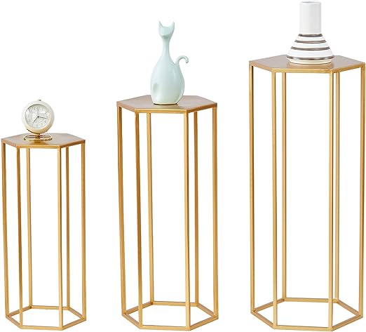 Photo 1 of 35.43" Set of 3 Gold Metal Plant Stand, Nesting Display End Table, High Hexagon Rack Flower Holder, Gold Corner Planter Pot Rack, Tiered Plant, Wedding Decor, Modern Decorative Curio Stand (Gold)