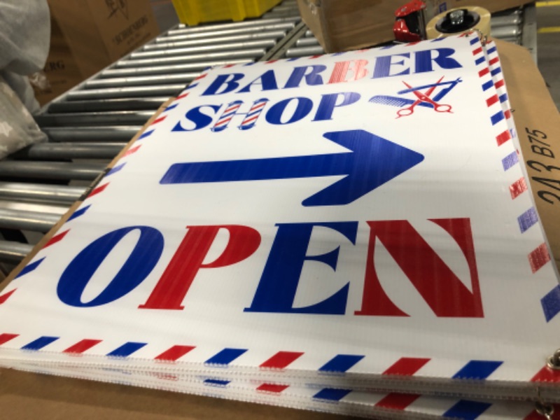 Photo 3 of Thyle 2 Set Barber Shop Open Sign Kit 2 Sided Barbershop Sign Red and Blue on White Plastic Sign Sandwich Board Sign a Frame Signage Kit with Directional Right Arrows for Outdoor, 24 x 18 In