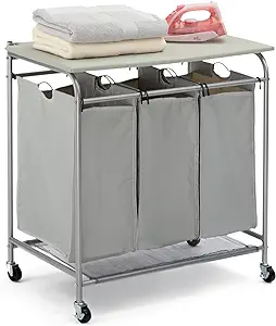 Photo 1 of **ONE SCREW MISSING & WHEELS** HollyHOME Laundry Sorter Cart with Side pull 3-Bag Ironing Board Heavy-Duty 4 Wheels Laundry Hamper Blue Grey Light Grey