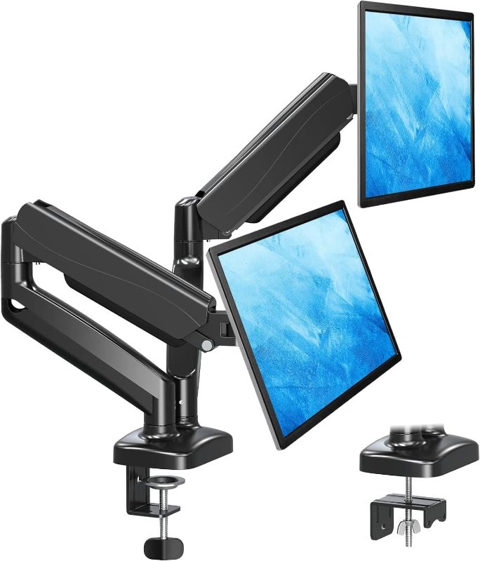 Photo 3 of MOUNTUP Triple Monitor Stand Mount, 3 Monitor Desk Mount for Three Max 27 Inch Computer Screen, 2.2-17.6lbs Heavy Duty Gas Spring Triple Monitor Arm Holder, VESA Bracket With Clamp/Grommet Base, Black