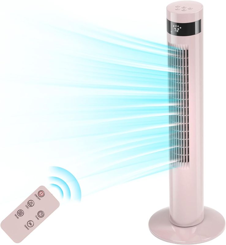Photo 2 of Antarctic Star Tower Fan Portable Electric Oscillating Fan Quiet Cooling Remote Control Standing Bladeless Floor Fans 3 Speeds Wind Modes Timer Bedroom Office (36 inch, Pinck) 36 inch pinck