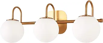 Photo 1 of ZHUOER Modern Bathroom Vanity Light Fixtures 3 Lights Brushed Brass Frame and Milk White Glass Globe Shade Modern Wall Sconce Lighting Bath Vanity Lights Bar Over Mirror (Exclude G9 Bulb) Brushed Brass 3 lights