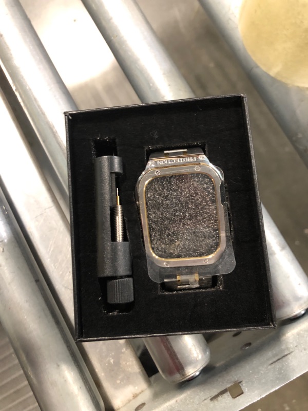Photo 1 of MioHHR Stainless Steel Watch Band with Case Compatible with Apple Watch Series 6/5/4/SE(44mm) Series 3/2/1(42mm),Rugged Strap with Metal Protective Bumper Cover for iWatch Band Men(Silver/Gold)