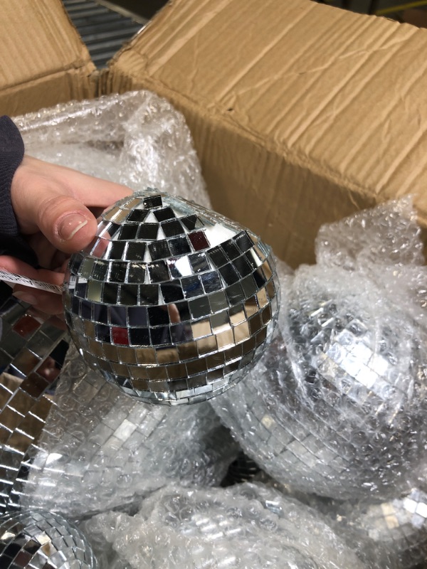 Photo 4 of 8 Pcs Large Disco Ball Set Silver Mirror Disco Balls Reflective Ball with Hanging Ring Party Hanging Ornament Decoration for Stage Club Ballroom Dance Hall Wedding Prom Props (12'', 8'', 6'', 4'')