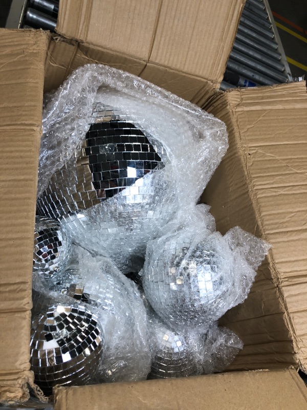 Photo 3 of 8 Pcs Large Disco Ball Set Silver Mirror Disco Balls Reflective Ball with Hanging Ring Party Hanging Ornament Decoration for Stage Club Ballroom Dance Hall Wedding Prom Props (12'', 8'', 6'', 4'')