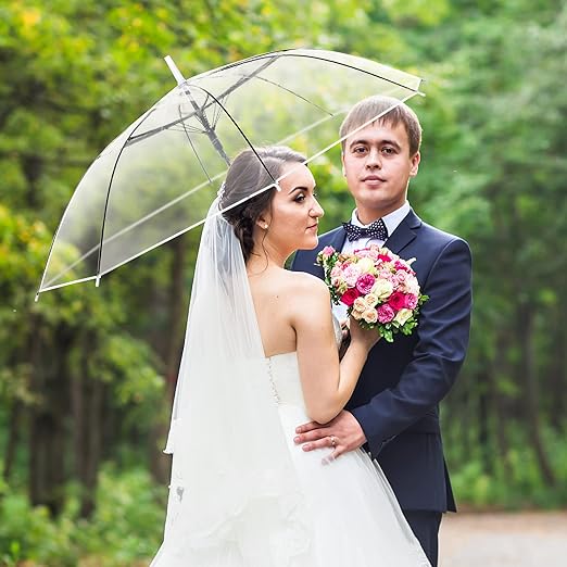 Photo 1 of 3 Pieces Wedding Umbrellas Auto Open Stick Umbrellas with White European J Hook Handle Windproof Large Canopy Umbrella for Outdoor Wedding Bride Groom Photography Golf
