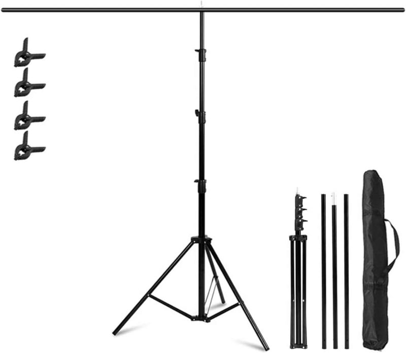 Photo 1 of 5x8.5ft Adjustable T-Shaped Backdrop Stand with Carry Bag and 4 Heavy Duty Clamps, Small Backdrop Holder Foldable T-Shape Background Support Stand
