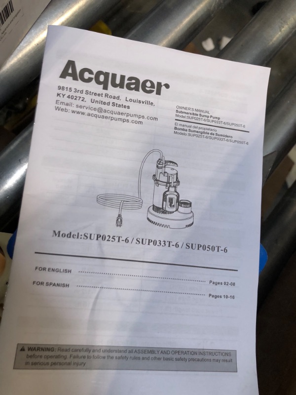 Photo 2 of Acquaer 1/3HP Sump Pump, 3040GPH Submersible Clean/Dirty Water Pump with Automatic Float Switch and 10ft Power Cord Sub Pump for Basement, Pool, Pond, Drain, Flooded Cellar, Aquarium and Irrigation 1/3HP 3040GPH