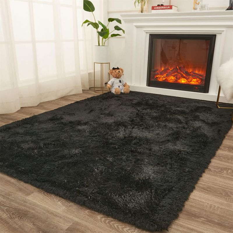 Photo 1 of AMTOVO Shag Area Rugs for Bedroom, Black Fluffy Rug Plush Living Room Carpet 8 x 10 Feet, Indoor Modern Fuzzy Nursery Shaggy Rugs for Kids Room