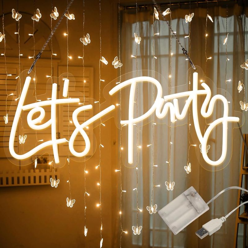 Photo 1 of  Let's Party Neon Sign Battery or USB Powered, Happy Birthday Led Sign, Lets Party Light Up Sign for Wall Decor, Bachelorette Party, Engagement, Wedding, 16x7Inch,Warm White