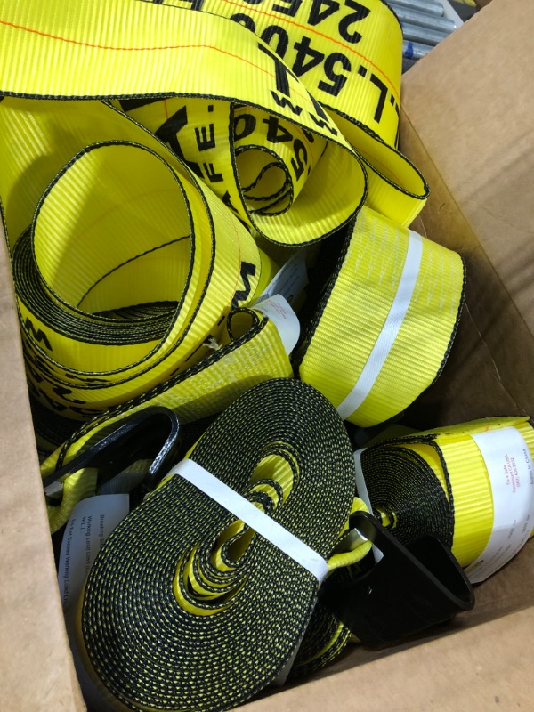 Photo 2 of Mega Cargo Control (7 - Pack) Yellow Tie Down Straps | 4" x 30' Heavy Duty Tie-Down Winch Strap with Flat Hooks | for Flat Bed, Truck, Farm, Utility Trailers 7 - Pack Yellow