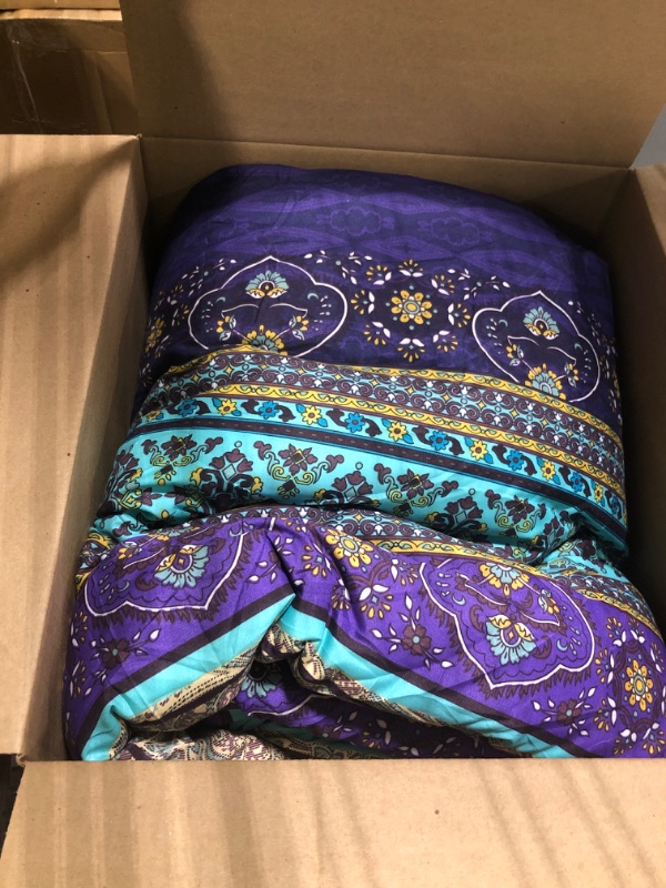 Photo 1 of Bohemian Comforter Set Queen,Reversible Blue Orange Boho Striped Pattern Printed Bed Comforter Set for All Season, Soft Microfiber Bedding Sets 90"x90"(3 Pieces, Queen) Queen Blue Orange