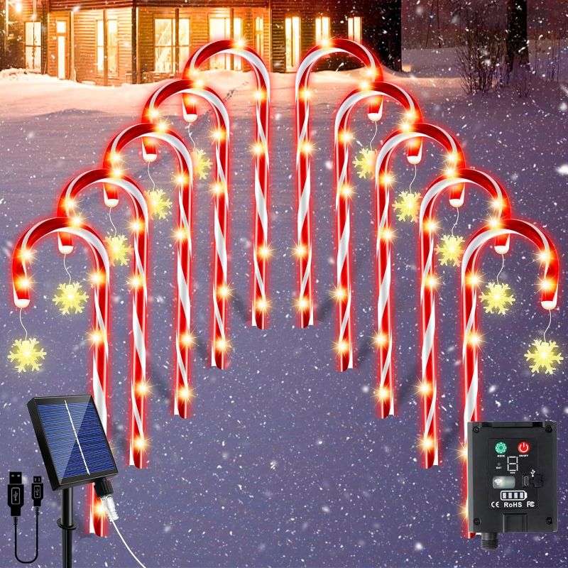Photo 1 of 16 Pack Christmas Candy Cane Lights Outdoor Decorations Solar Pathway Lights with Snowflake for Yard Waterproof Street Driveway Markers Lawn Walkway Garden Indoor Decor 2in1 Solar Powered